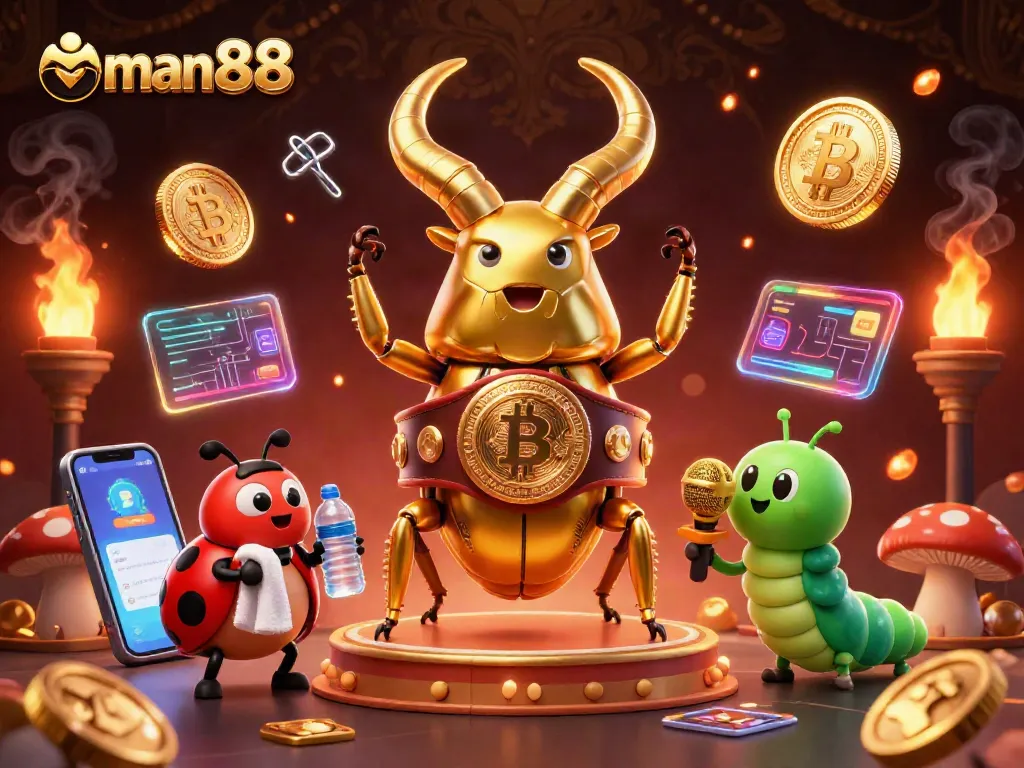 Experience thrilling action with man88's lively gaming scene featuring a glowing beetle, ladybug corner-man, and NFT coins.