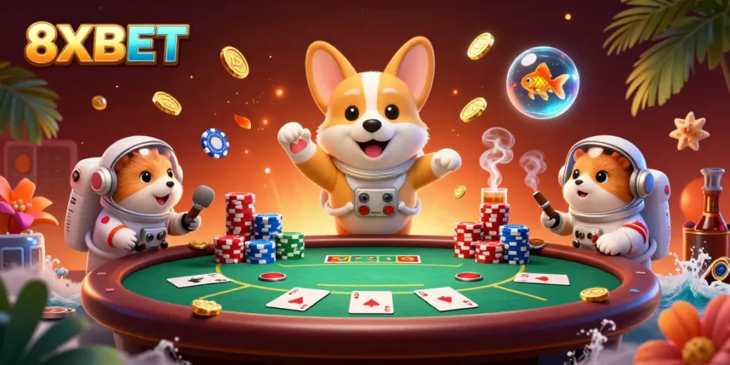 Experience thrilling gameplay with 8XBET's lively casino scene featuring unique characters and exciting elements.