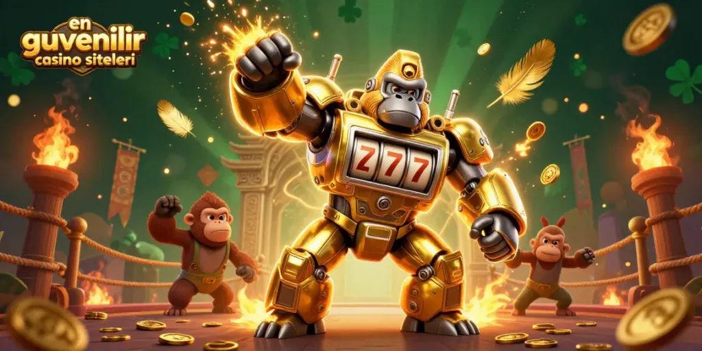 Engage with en güvenilir casino siteleri in a dynamic 3D illustration featuring a golden gorilla mech, coins, and vibrant casino elements.