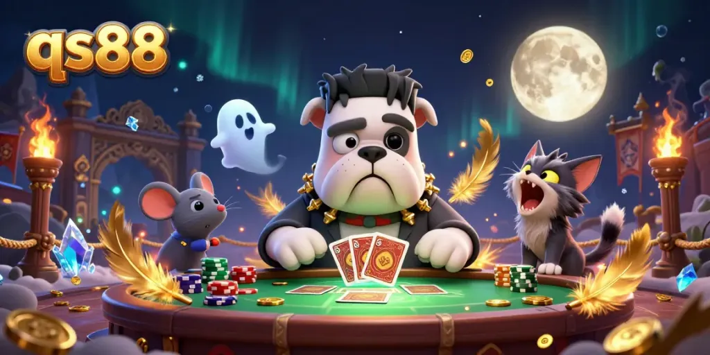 Experience qs88's thrilling card games with a spooky atmosphere featuring colorful characters!
