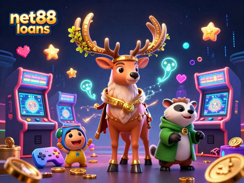 Engage with net88 loans in a vibrant 3D casino realm, showcasing magical creatures and game elements.