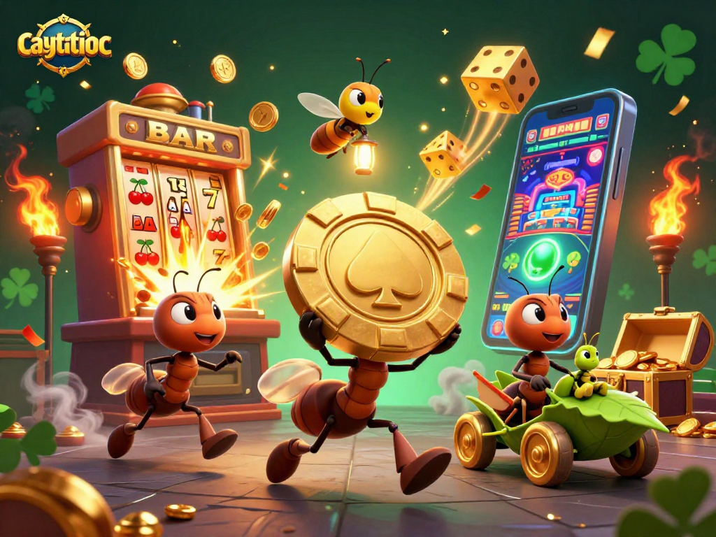 Engage in the exciting caytailoc adventure with ants, jackpot explosions, and vibrant casino symbols.
