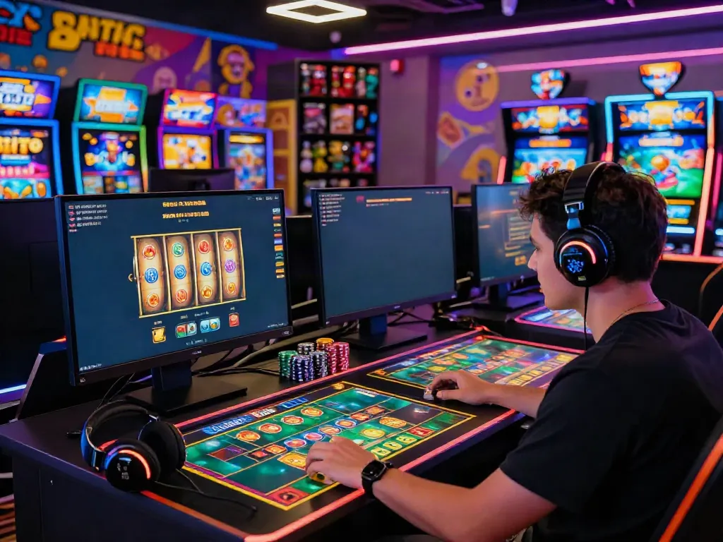 Engaged player enjoying exciting SLOT TOTO game amidst a vibrant gaming environment with neon lights.