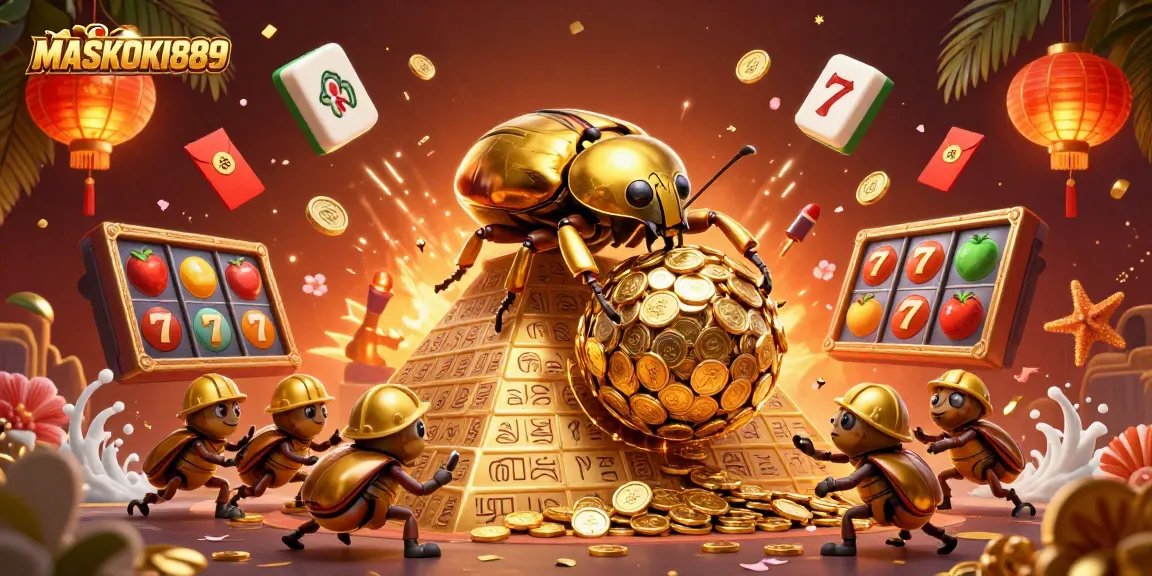 Engage in the thrill of MASKOKI889 with golden casino elements and energetic characters.