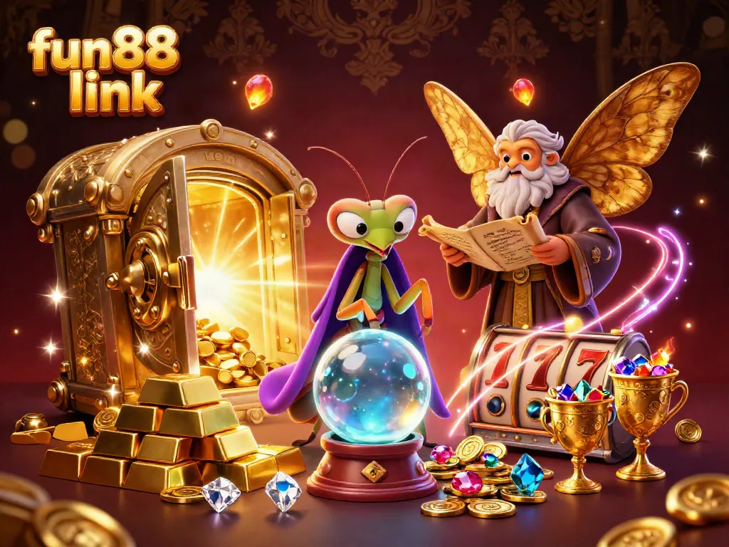 Experience excitement with fun88 link as vibrant slot reels and fortune tellers create a magical casino atmosphere.
