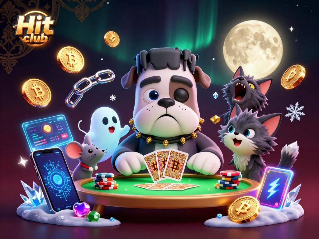 Join the Hit club as the Frankenstein bulldog deals cards at a spooky table filled with crypto elements.
