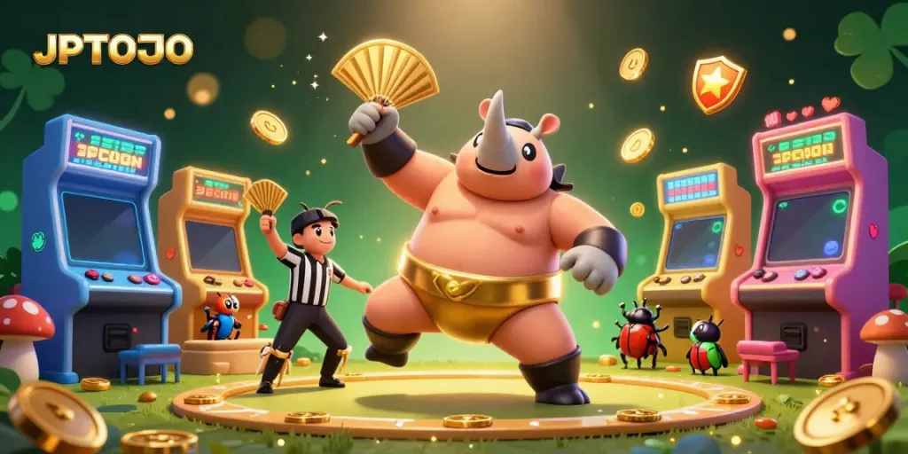 JPTOTO memunculkan kekuatan di kasino dengan ilustrasi karakter kejuaraan kumbang badak 3D.