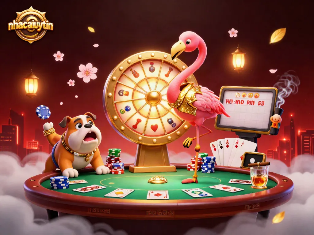 Engaging game show scene with nhacaiuytin theme showcasing a flamingo host, bulldog contestant, and cat assistant.
