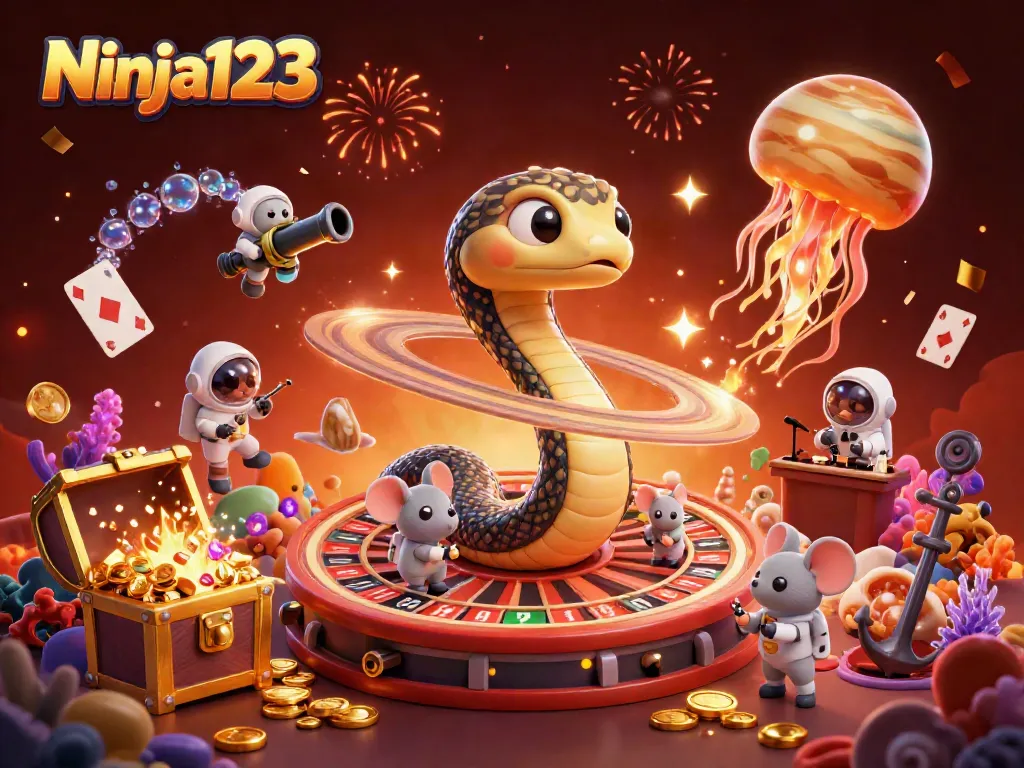 Ninja123's vibrant casino universe showcases tiny astronaut mice betting on a roulette wheel in space.