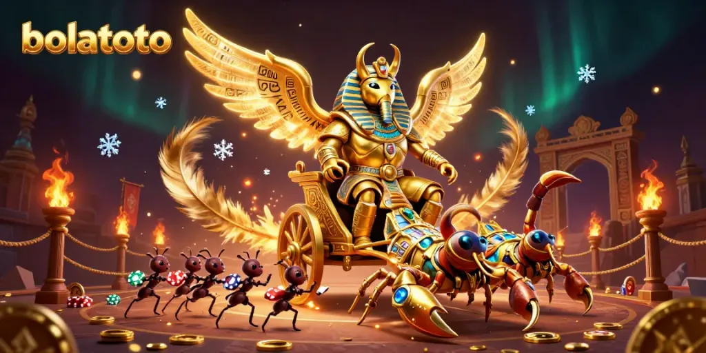 Engage with bolatoto's thrilling scene of a colossal scarab beetle chariot race amidst an ancient treasure-filled arena.