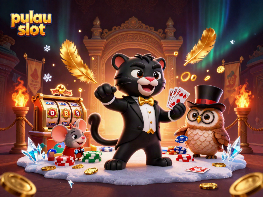 Experience pulau slot excitement with cartoon panther, owl, and mouse in a dynamic casino scene.