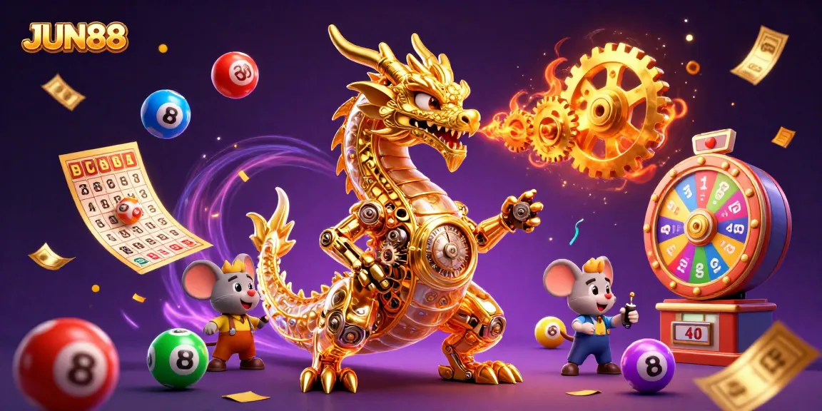 Experience gaming thrills at JUN88 with a dynamic scene of a golden dragon, luck-filled elements, and excitement.