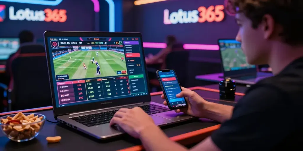 Exciting online betting experience with lotus365 platform, player engaging with live sports events and vibrant digital interface.
