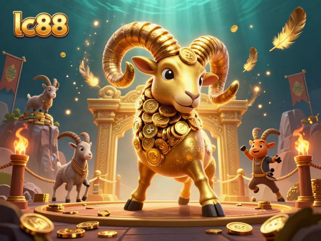 Experience the thrill of lc88 with a dynamic casino-themed illustration showcasing a golden ram charging through a vibrant gaming arena.
