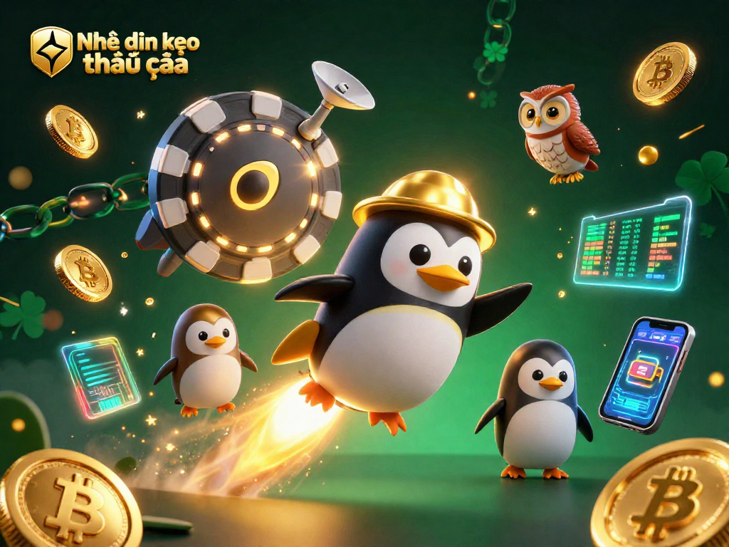Engage with Nhận định kèo nhà cái through a vibrant 3D scene featuring a rocket-powered penguin and crypto elements.