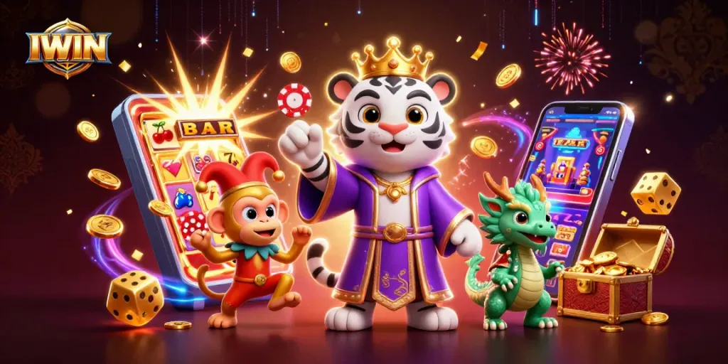 IWIN slots night with a majestic tiger surrounded by a monkey and a jade dragon amid a jackpot explosion.