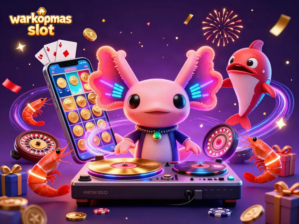 Warkopemas slot menampilkan DJ axolotl neon dengan permainan slot menguntungkan dan hiasan pesta