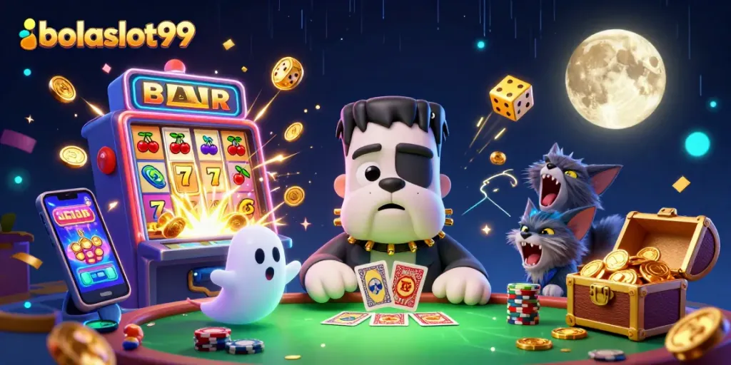 Experience action at bolaslot99 with a lively 3D casino scene featuring unique characters and vibrant gaming elements.