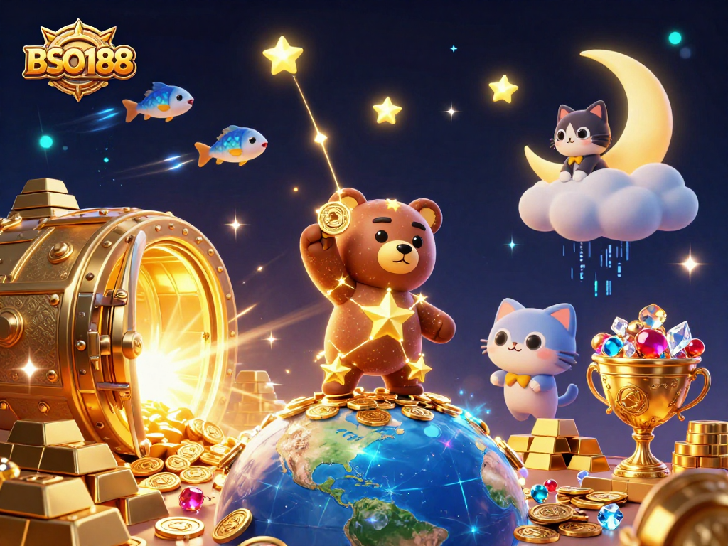 Experience the thrills of BSO188 as a constellation bear scoops coins amidst a dazzling casino universe.