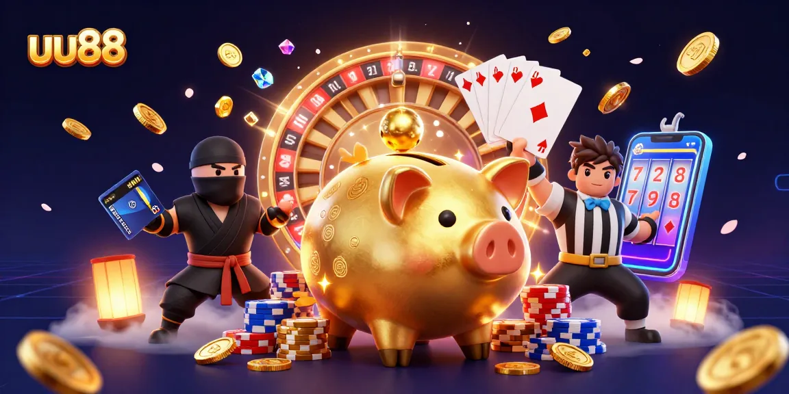 uu88 offers exciting gameplay with a giant piggy bank sumo wrestler amid cascading golden coins.