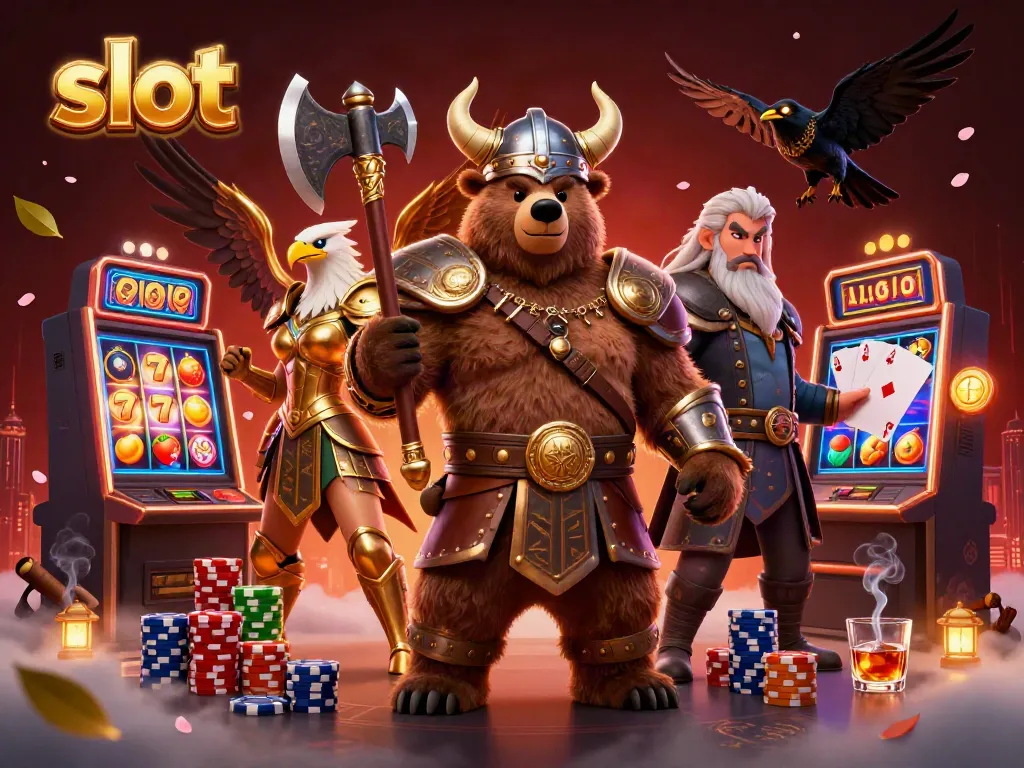 Slot dengan mesin slot yang berputar dan simbol buah di atas meja kasino.