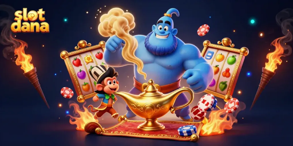 Slot dana mempersembahkan ilustrasi 3D ceria dengan karakter genie biru, monyet dan karpet terbang dalam suasana mesin slot yang meriah.