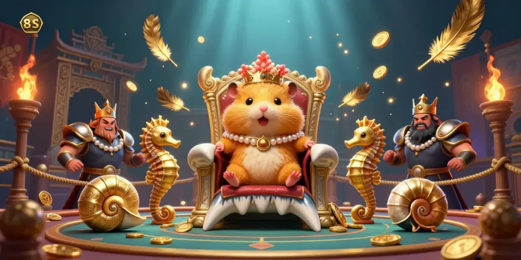 Engage in thrilling casino action with the 8S hamster king ruling over an underwater arena filled with coins and bets.