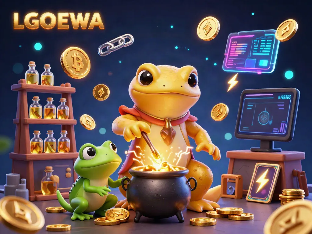 Experience the magic of LGODEWA with golden alchemy and cryptocurrency-themed elements.