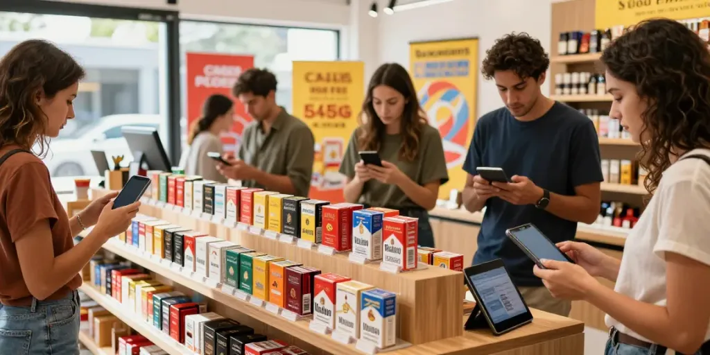 People exploring options to buy cheap tobacco online Australia in a modern e-commerce store.