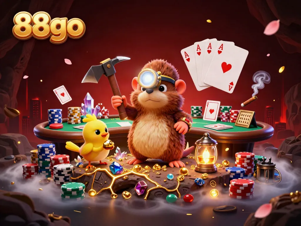 88go features a cartoon mole treasure hunter in a vibrant casino environment filled with poker elements.