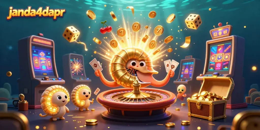 Permainan menarik janda4dapr menunjukkan nautilus robotik dan jackpot yang meledak dengan simbol keberuntungan.