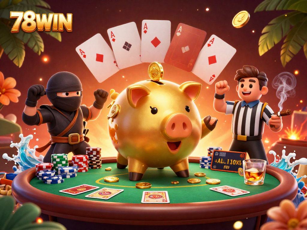 Experience the dynamic showdown in 78WIN casino with characters engaging in high-stakes poker.