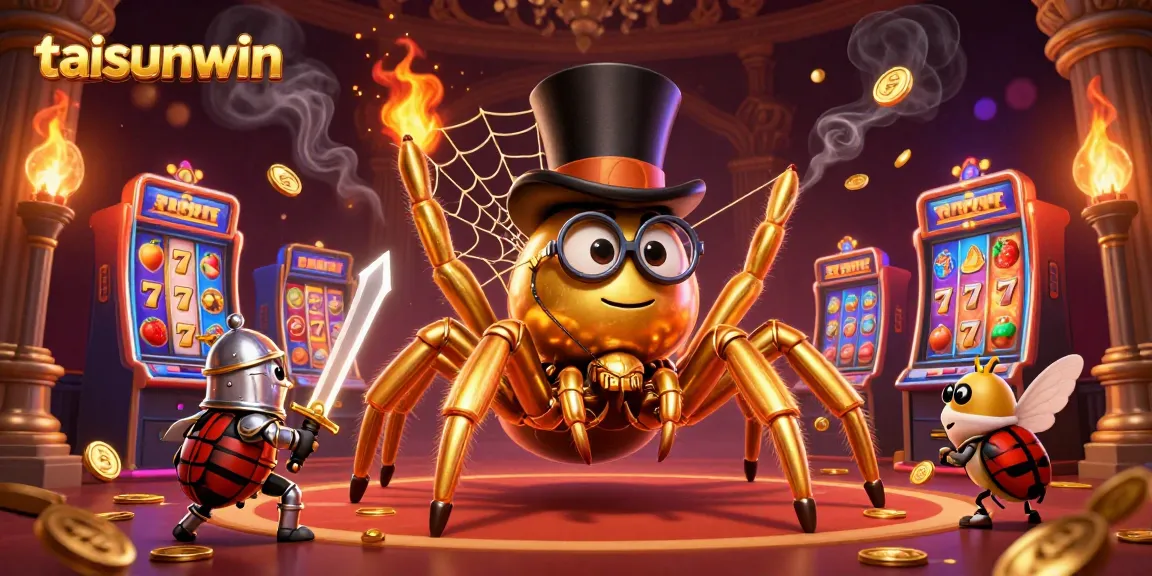 Spin the reels at taisunwin with a golden tarantula and beetle knight in a lively casino scene.