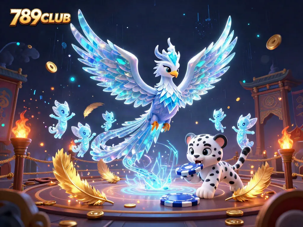 Join the excitement of 789CLUB with an ice phoenix, snow leopard, and magical sprites in an energetic casino scene.