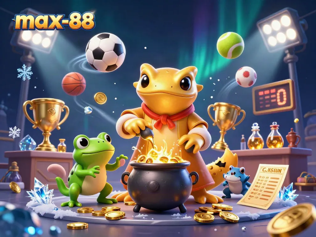 Bet on max-88 and win with the giant golden salamander converting metals into coins amidst dynamic sports elements.