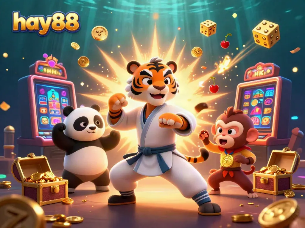 Engage in the thrill of hay88 with cartoon characters mastering casino elements in a vibrant 3D scene.