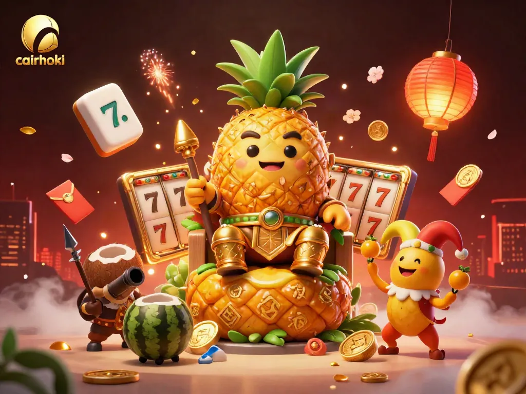 Menggondol jackpot besar di cairhoki dengan raja nenas emas dan teman-temannya di kasino pantai yang ceria.