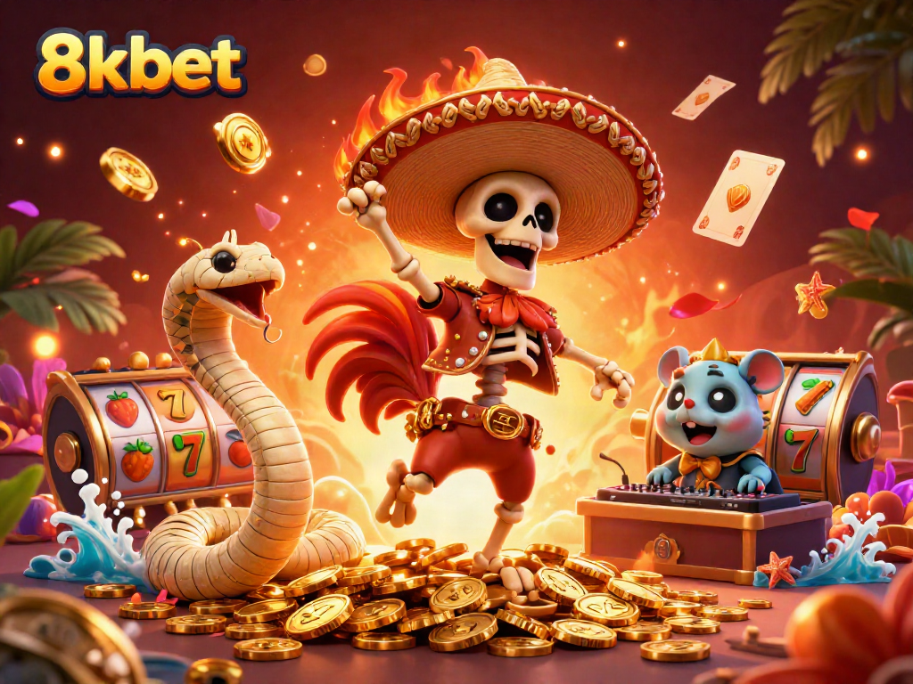 8xbet casino illustration featuring a skeleton rooster celebrating a jackpot win amid vibrant gaming elements.