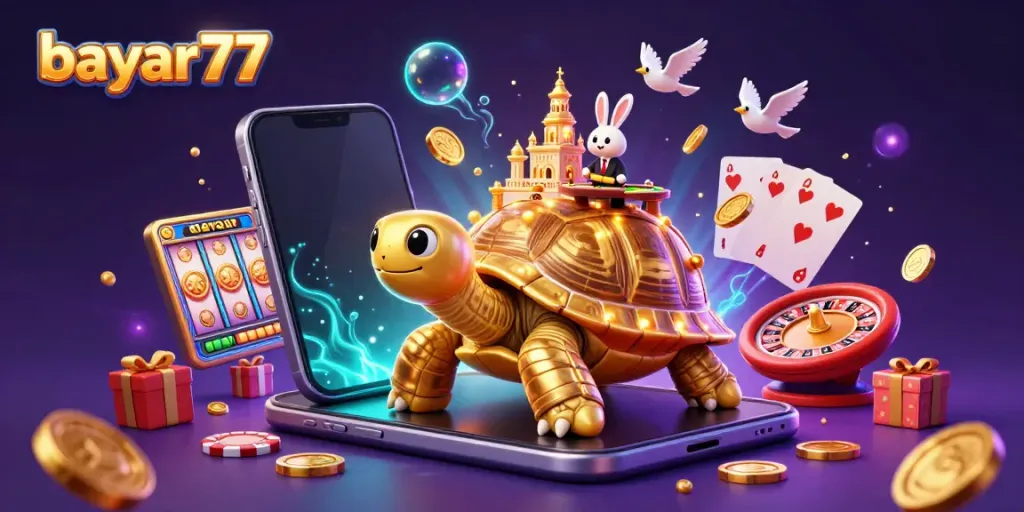 Experience the thrill of bayar77 with a fun-filled 3D gambling scene featuring a golden tortoise and vibrant casino elements.