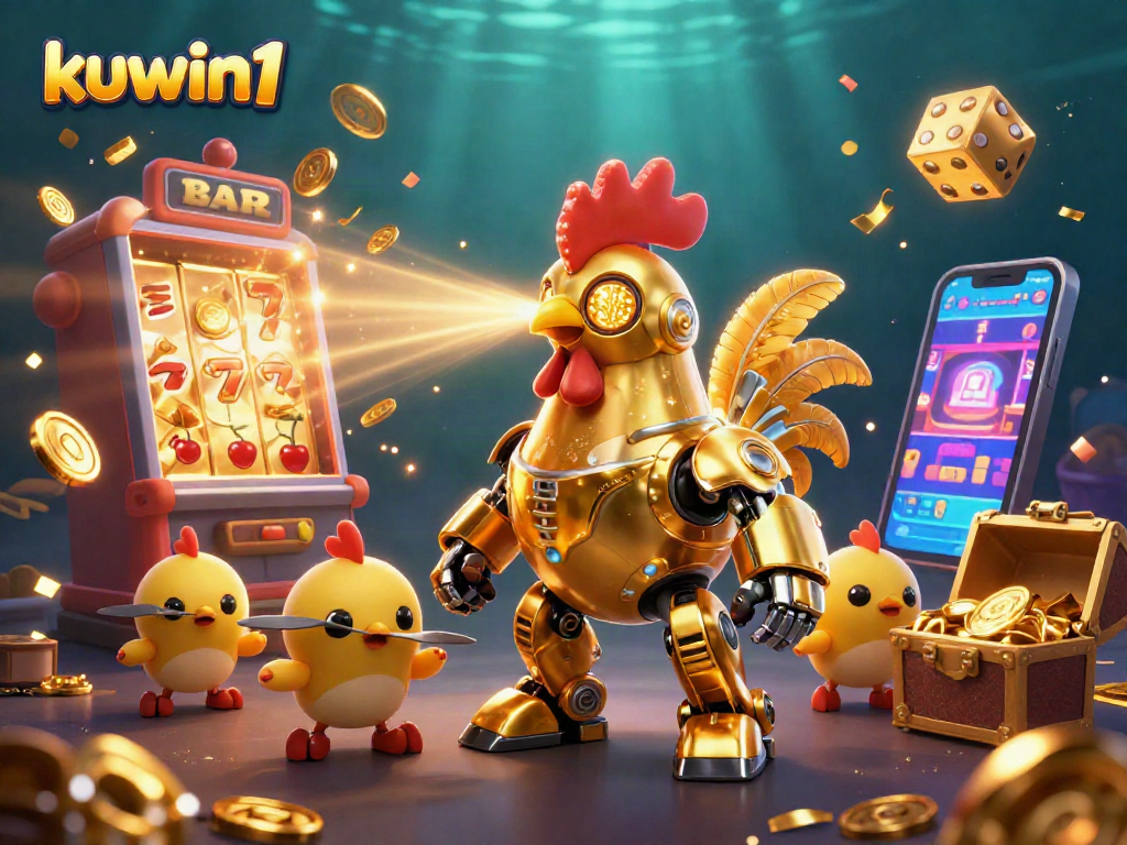 Kuwin1 features a dynamic 3D illustration of a golden rooster robot in a vibrant casino scene with flying slot machine symbols.