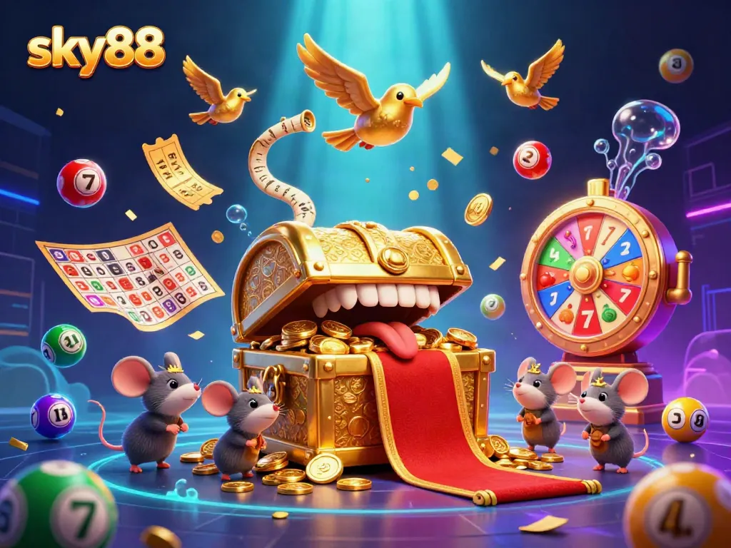 Engage in thrilling gaming experiences with sky88, featuring a golden treasure chest and vibrant casino elements.