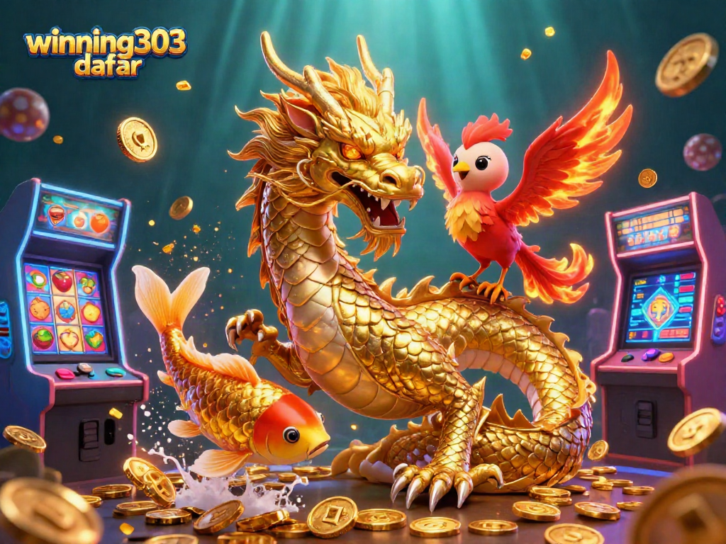 Spin to win with winning303 daftar as a dragon flies above jackpot slots and gold coins.