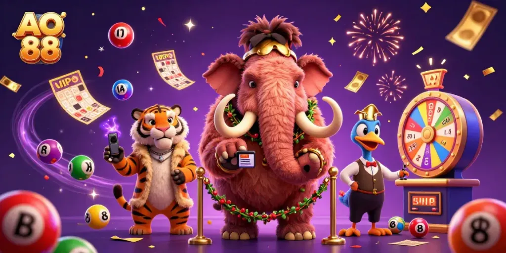 Experience the vibrant atmosphere of AO 88 casino with a woolly mammoth bouncer and saber-tooth tiger guest.