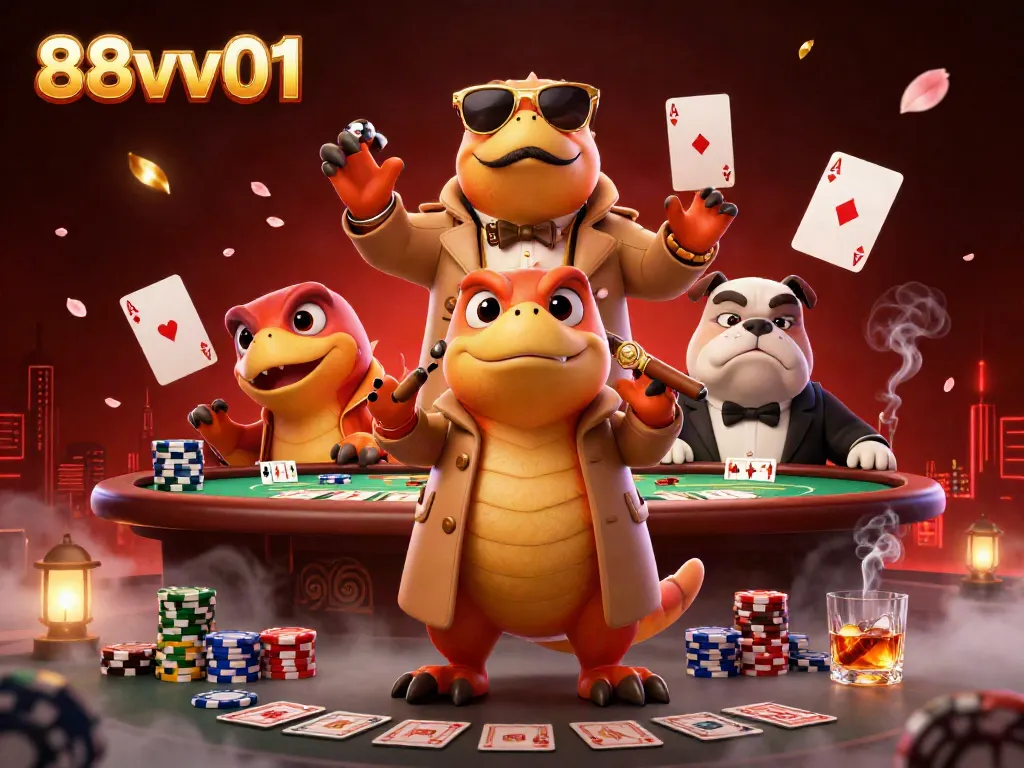 Engaging casino scene featuring 88vv01 with raptors in disguise, poker chips, and glowing lights.