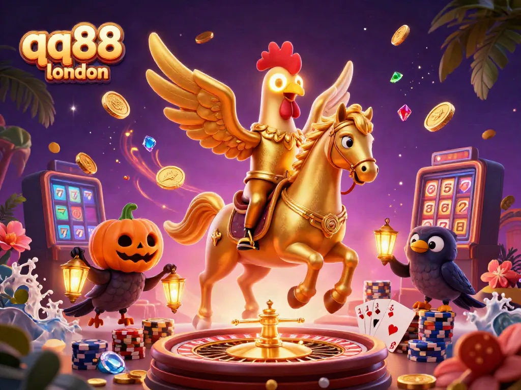 Engage in thrilling games at QQ88 London with the golden rooster and its headless companions in a vibrant casino setting.