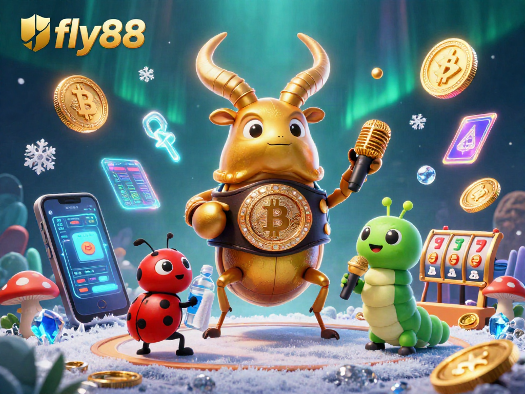 Engage in the fly88 casino excitement with a boxing beetle champion surrounded by crypto elements.