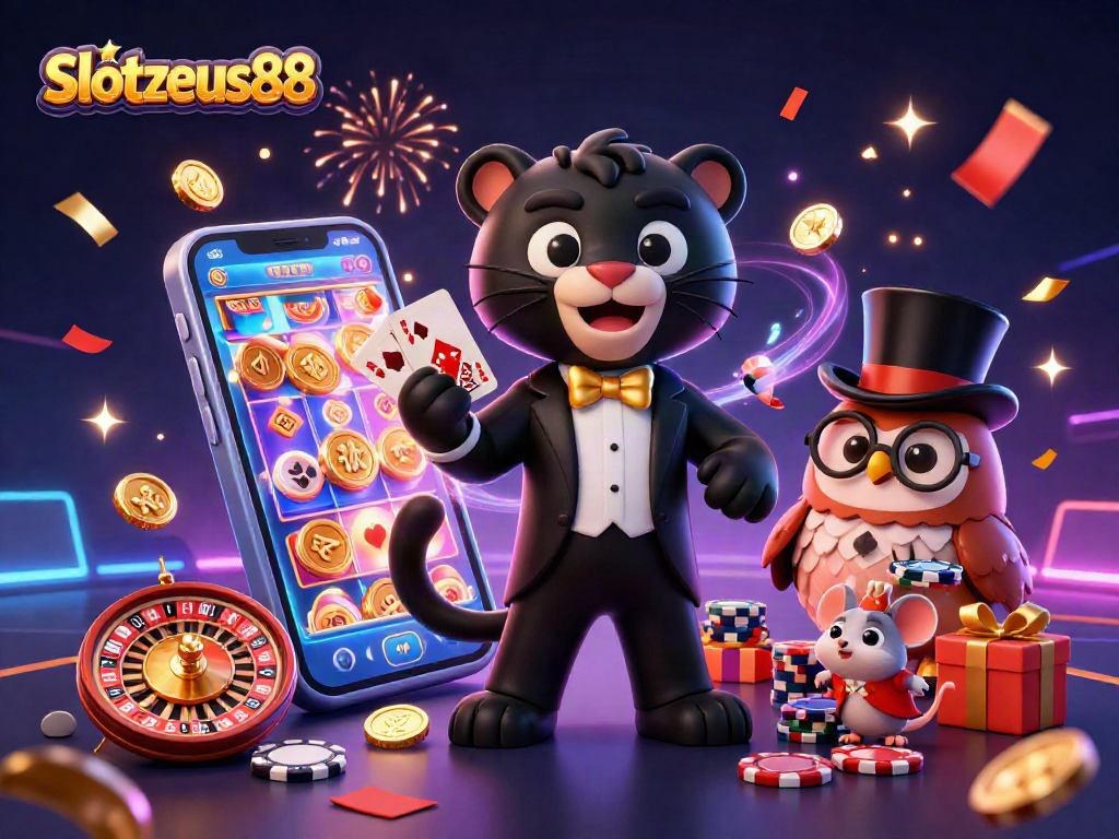 Engage with Slotzeus88 as a vibrant 3D cartoon scene showcases stylish characters in a lively casino atmosphere.