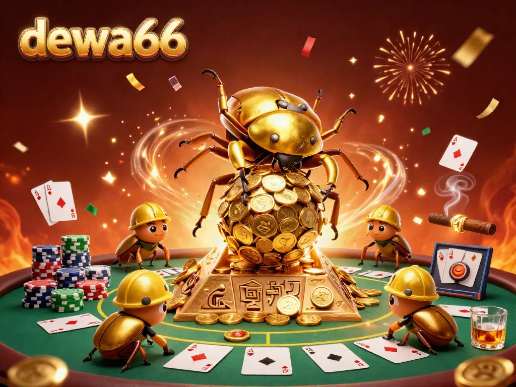 Experience excitement with dewa66, featuring a golden beetle scene filled with casino elements.