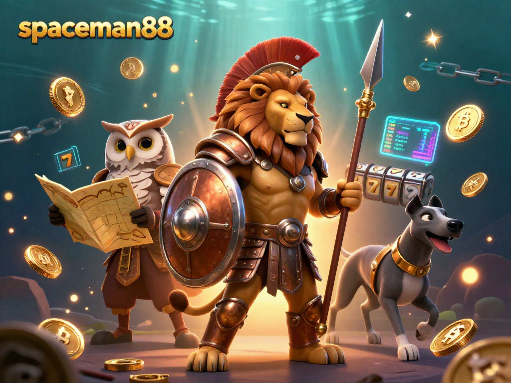 Engage with spaceman88 in a vibrant casino scene showcasing slot reels and crypto elements.