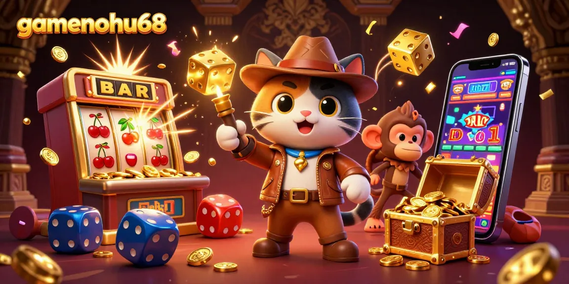 Play exciting casino games with gamenohu68 as the cartoon cat finds treasure among golden artifacts.